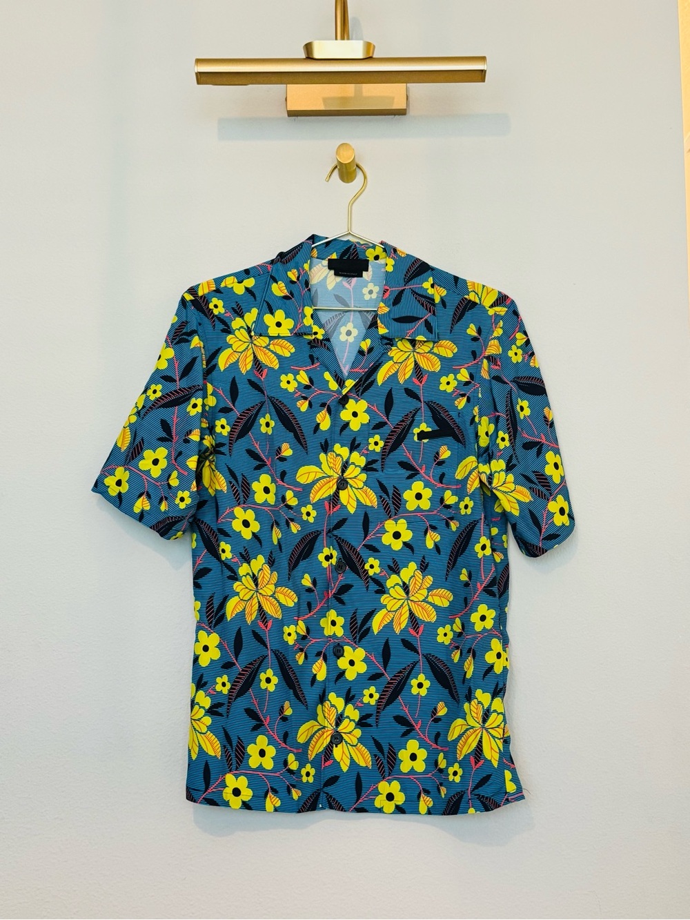 Prada Blue Short-Sleeve Polo with Yellow Floral Print